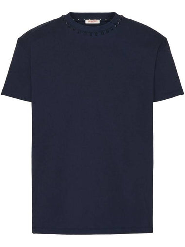 Rockstud Neckline Short Sleeve T-Shirt Navy - VALENTINO - BALAAN 1