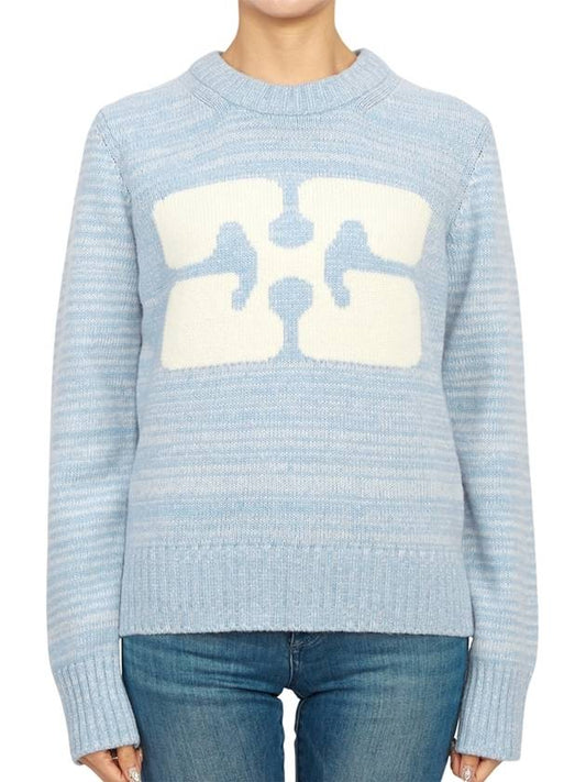 Graphic Wool Blend Knit Top Light Blue - GANNI - BALAAN.