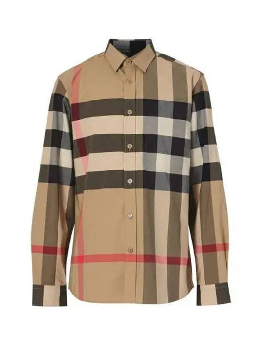 Check Stretch Cotton Poplin Long Sleeve Shirt Beige - BURBERRY - BALAAN 2