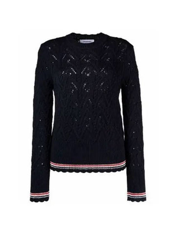 Women's Pointel Cable Merino Wool Pullover Knit Top Navy - THOM BROWNE - BALAAN 1