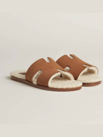 Izmir fleece sandals MARRON TECK ECRU - HERMES - BALAAN 1