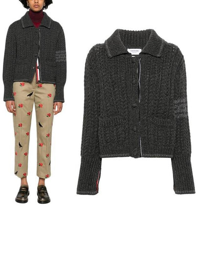 Chunky Links Stitch 4 Bar Polo Merino Wool Cardigan Grey - THOM BROWNE - BALAAN 2