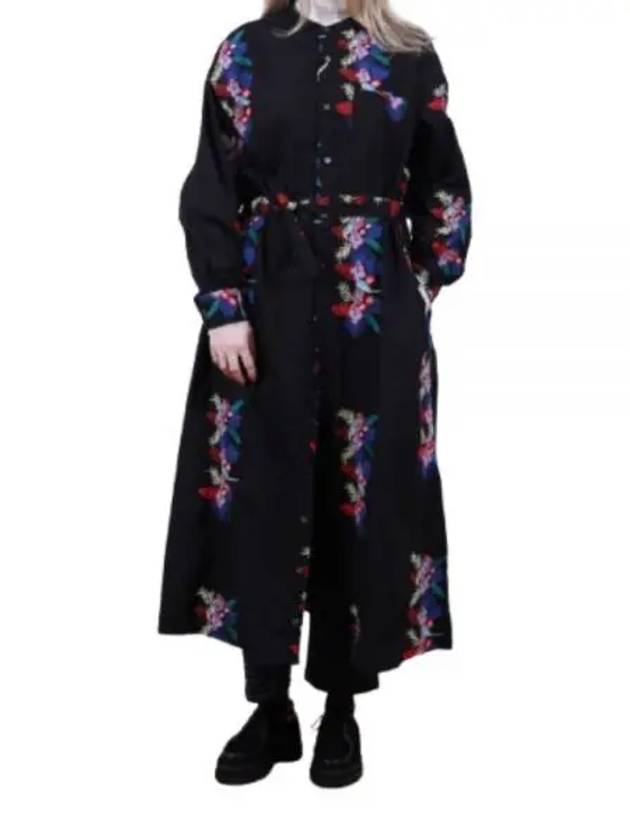 Banded Collar Dress Black Cotton Floral Embroidery Sheeting 24F1WG016 PS535 ND046 - ENGINEERED GARMENTS - BALAAN 1