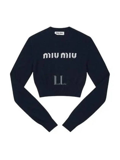 Print Logo Crop Wool Cashmere Knit Top Navy - MIU MIU - BALAAN 2