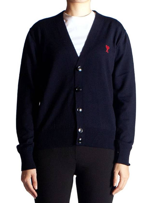 Red Heart Logo Merino Wool Cardigan Navy - AMI - BALAAN 2