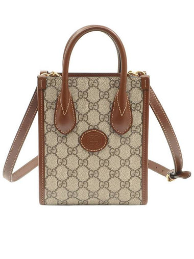 GG Supreme Canvas Brown Leather Interlocking G Mini Tote 2WAY 671623 - GUCCI - BALAAN 1