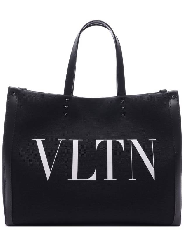 VLTN Rockstud Medium Canvas Tote Bag Black - VALENTINO - BALAAN 2