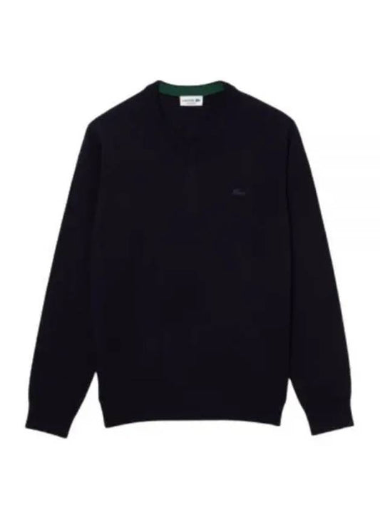 Logo Patch V-neck Merino Wool Knit Top Navy - LACOSTE - BALAAN 2