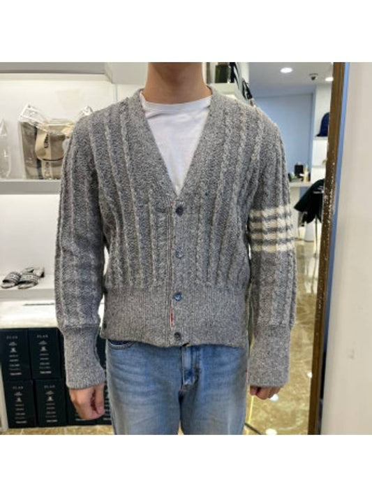 Donegal Twist Cable 4 Bar Classic V Neck Cardigan Light Grey - THOM BROWNE - BALAAN 2