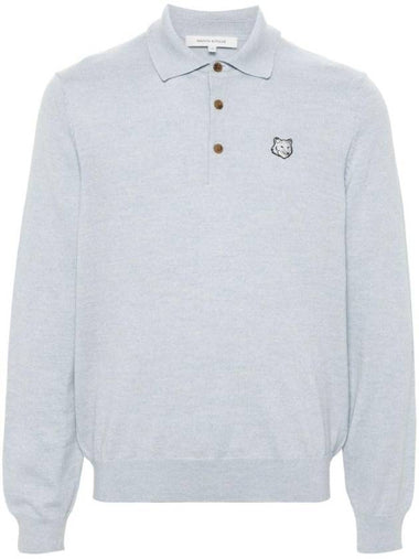 Fox Motif Knitted Polo Shirt Light Blue - MAISON KITSUNE - BALAAN 1