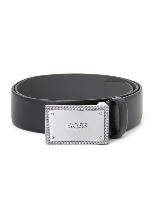 Men's Embossed Metal Logo Leather Belt Black - HUGO BOSS - BALAAN 1