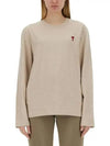 Chain Stitch Heart Logo Long Sleeve T-Shirt Light Beige - AMI - BALAAN 3