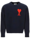 Embroidered Big Heart Oversized Fit Knit Top Navy - AMI - BALAAN 1