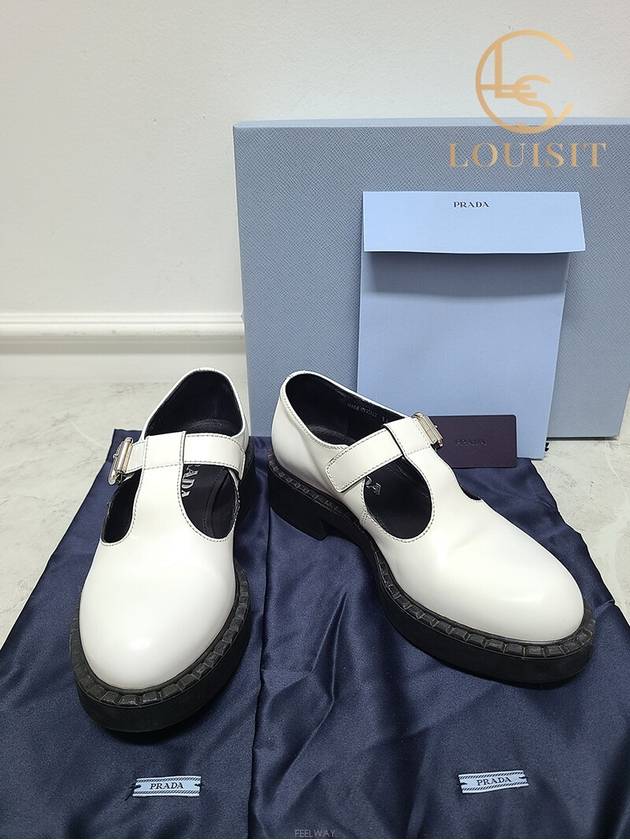 Used luxury goods Lewis It 36 5 White brushed leather Mary Jane T strap loafers - PRADA - BALAAN 7