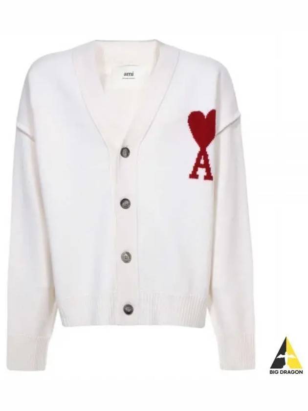 Heart Logo V Neck Wool Cardigan Off White - AMI - BALAAN 2