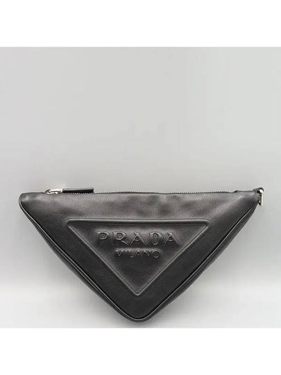 1NE039 Black leather triangle embossed lettering logo pouch clutch bag wrist strap - PRADA - BALAAN 2