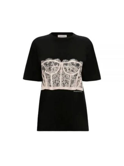 Lace Corset Print Short Sleeves T-Shirt Black - ALEXANDER MCQUEEN - BALAAN 2