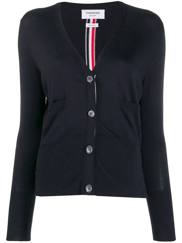 Silk Cotton Blend Relaxed V-Neck Cardigan Navy - THOM BROWNE - BALAAN.