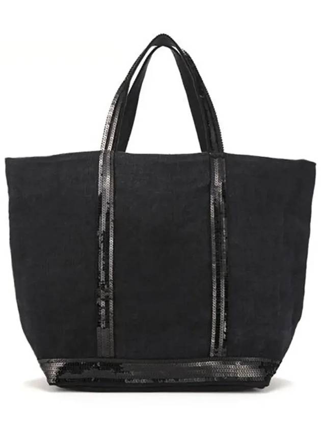 Cabas Linen Sequined Medium Tote Bag Black - VANESSA BRUNO - BALAAN 6