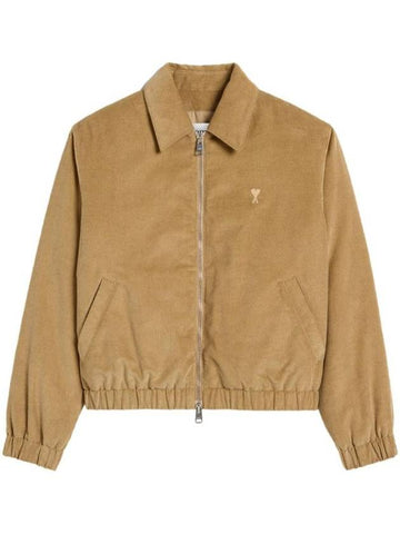 Heart Logo Corduroy Cotton Zip-Up Jacket Sand - AMI - BALAAN 1