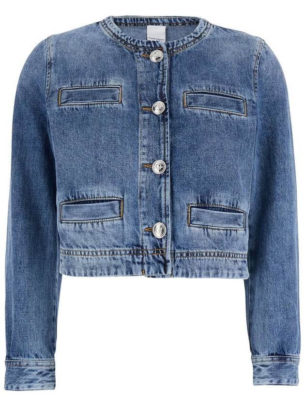 Blue Cropped Jacket With Patch Pockets On The Front In Cotton Blend Woman - PINKO - BALAAN 1