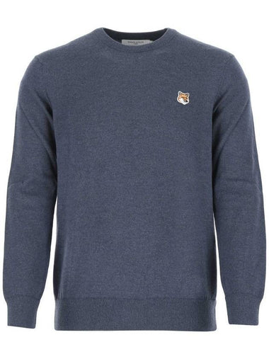 Fox Head Patch Round Neck Pullover Wool Knit Top Blue - MAISON KITSUNE - BALAAN 1