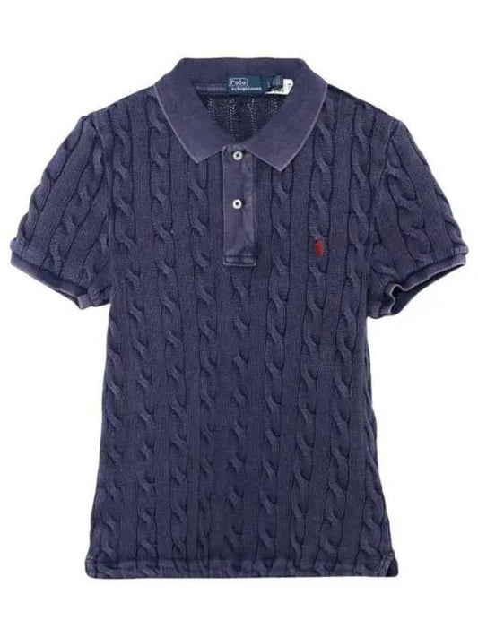 Slim Fit Cable Knit Polo Shirt Navy - POLO RALPH LAUREN - BALAAN 2