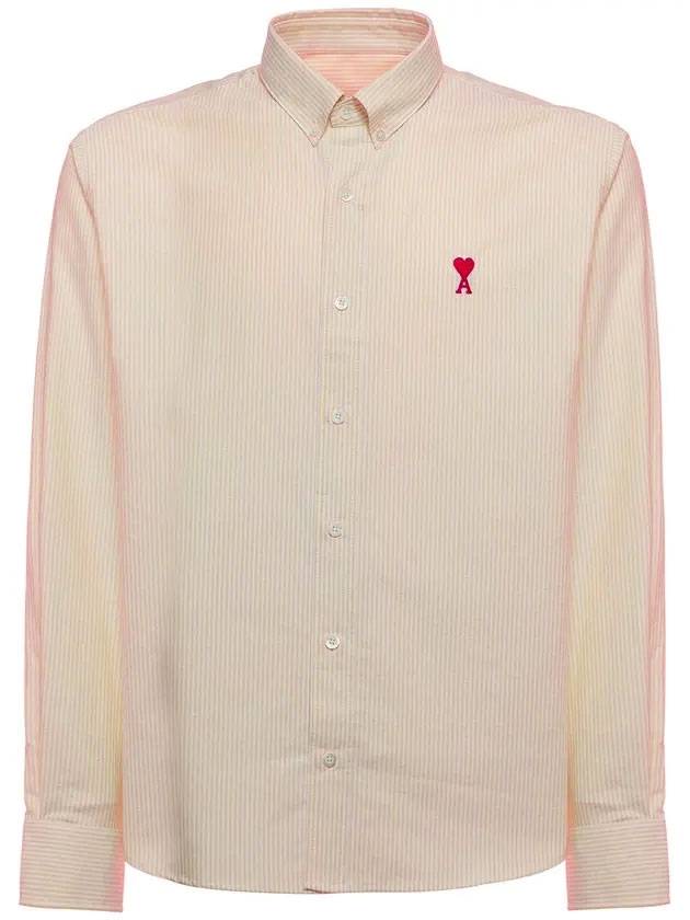 Heart Embroidered Logo Striped Long Sleeve Shirt Pale Yellow - AMI - BALAAN 1