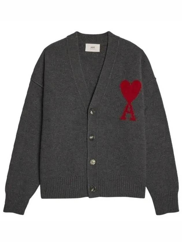 Heart Logo V Neck Wool Cardigan Heather Grey - AMI - BALAAN 2