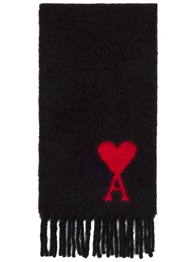 Heart Logo Oversized Wool Fringe Scarf Black - AMI - BALAAN 3