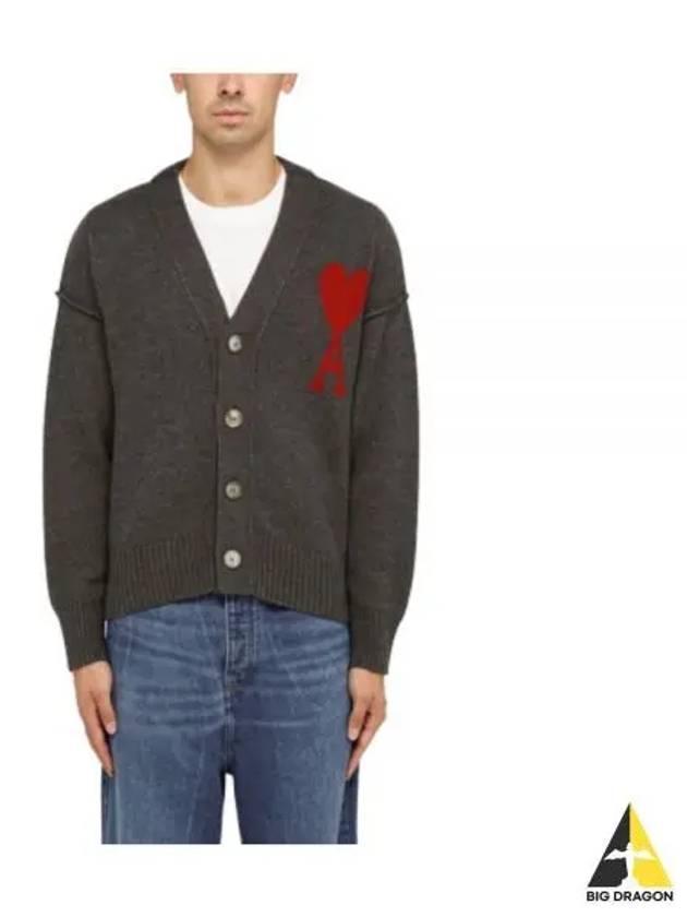 Heart Logo V Neck Wool Cardigan Heather Grey - AMI - BALAAN 2