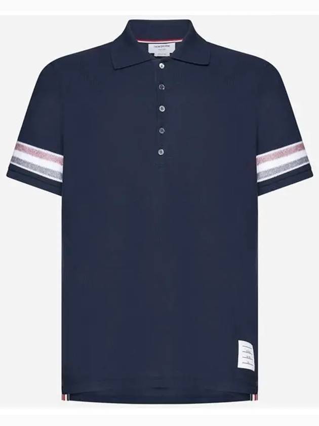 Men's RWB Stripe Cotton Polo Shirt Navy - THOM BROWNE - BALAAN 3