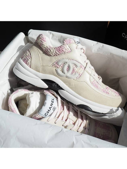 CC Logo Cotton Tweed Suede Calfskin Low Top Sneakers Pink Ecru - CHANEL - BALAAN 2