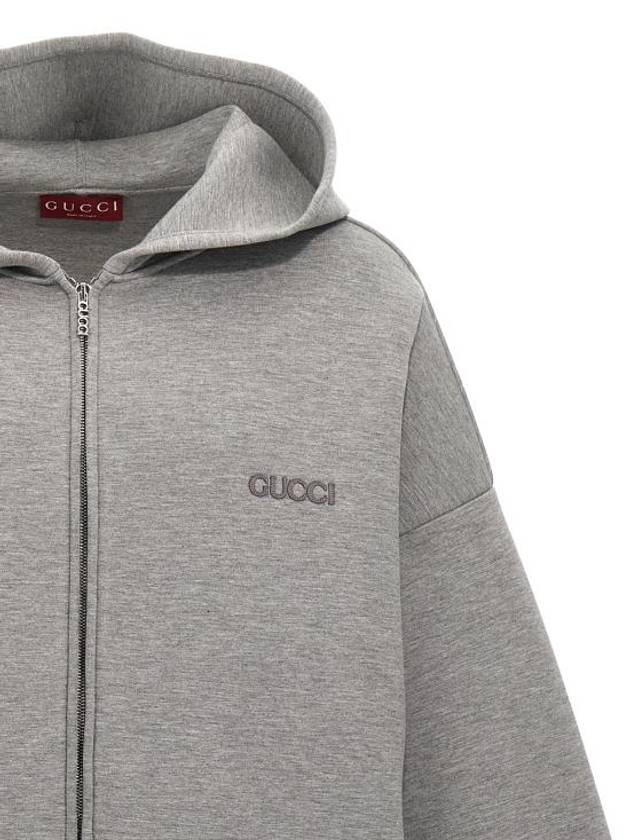 Embroidered Logo Zip-Up Hoodie Grey - GUCCI - BALAAN 4