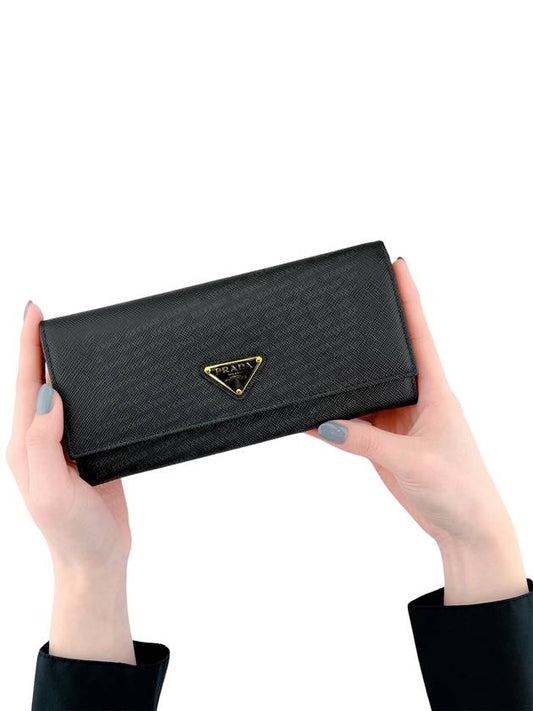 Saffiano Triangular Logo Flap Long Wallet Black - PRADA - BALAAN 2