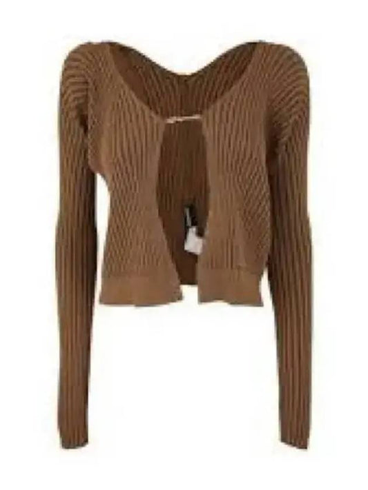 La Maille Pralu Longue Micro Charm Logo Cardigan Brown - JACQUEMUS - BALAAN 2