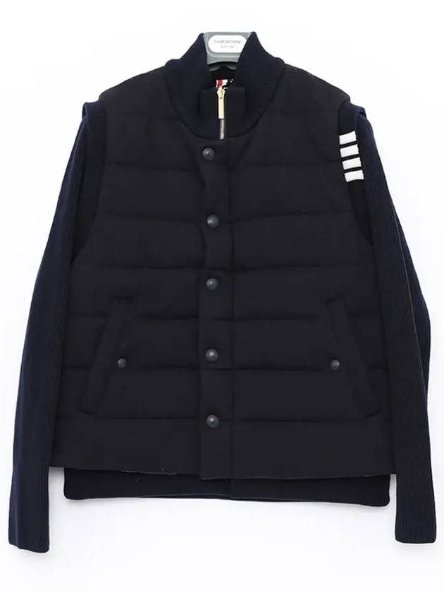 Men's Reversible Padded 4 Bar Funnel Neck Merino Jersey Padding Jacket Navy - THOM BROWNE - BALAAN 3