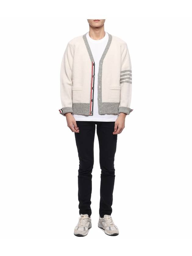 V-Neck 4-Bar Wool Cardigan White - THOM BROWNE - BALAAN 4