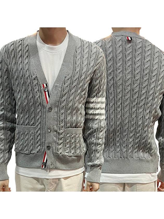 diagonal cable V-neck knit cardigan light gray - THOM BROWNE - BALAAN.