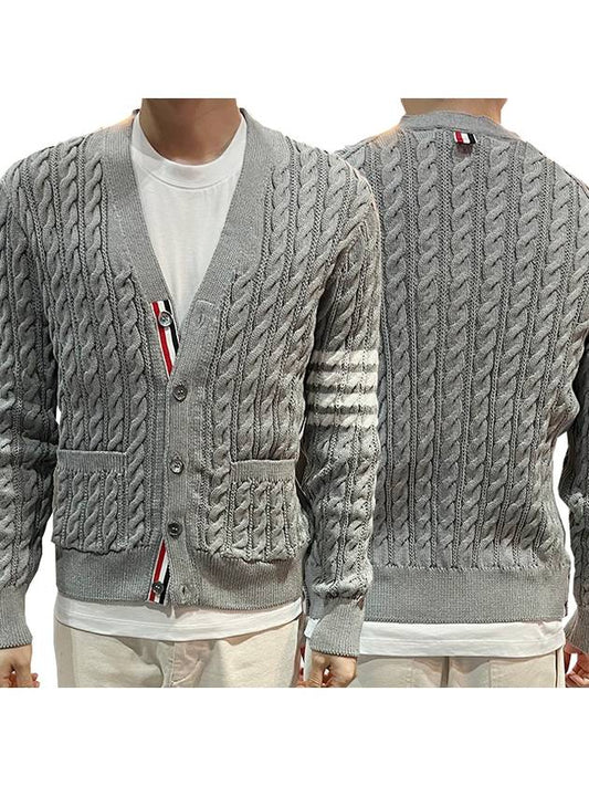 Diagonal Cable V-Neck Knit Cardigan Light Grey - THOM BROWNE - BALAAN 2