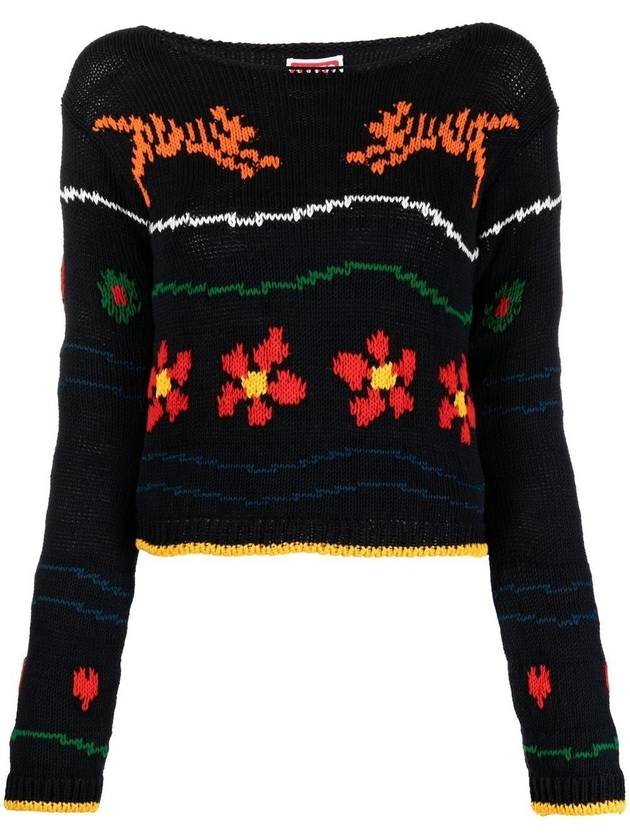 Flower Crop Cotton Linen Blend Knit Top Black - KENZO - BALAAN 1