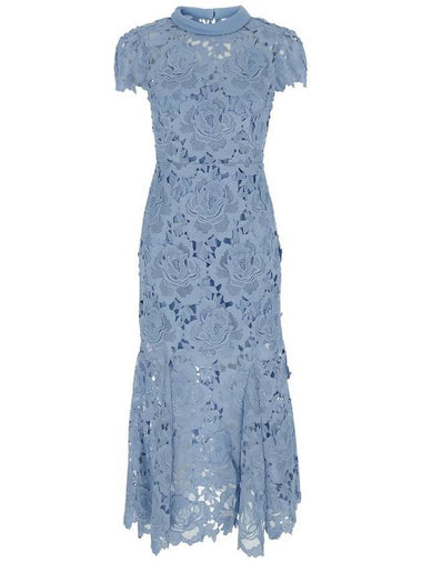 Blue Crewneck Midi Dress With All-Over Floral Lace Embroidery In Tech Fabric Woman - SELF PORTRAIT - BALAAN 1