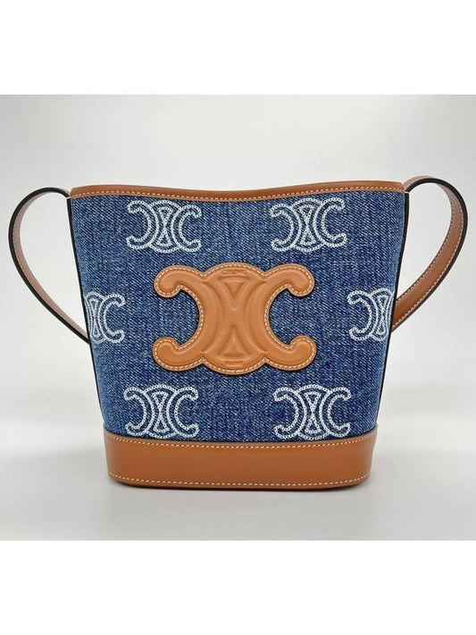 Women's Triomphe All Over Embroidered Calfskin Denim Mini Bucket Bag Tan Navy - CELINE - BALAAN 2