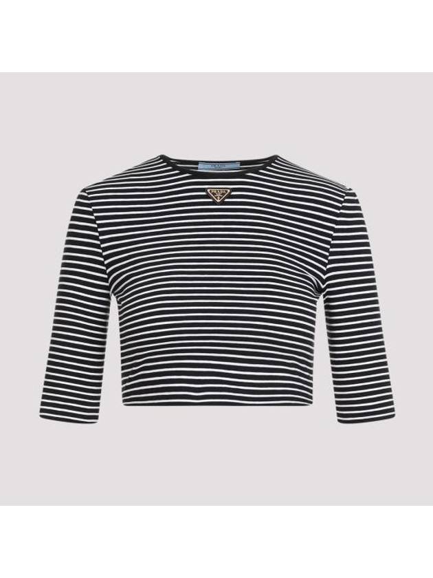 Triangular Logo Striped Cotton Short Sleeve T-shirt Black - PRADA - BALAAN 1