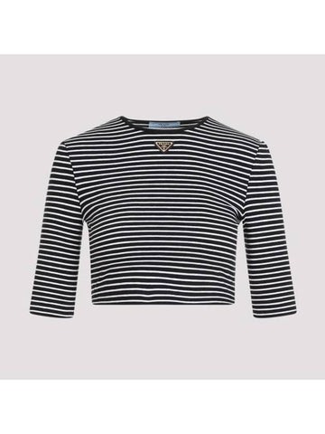 Triangular Logo Striped Cotton Short Sleeve T-shirt Black - PRADA - BALAAN 1