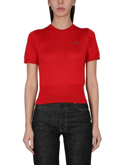 Women's ORB Logo Wool Silk Blend Crop Knit Top Red - VIVIENNE WESTWOOD - BALAAN 2