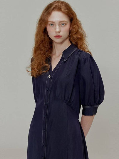 Open Collar Shirring Detail Shirt Midi Dress Navy - OPENING SUNSHINE - BALAAN 2