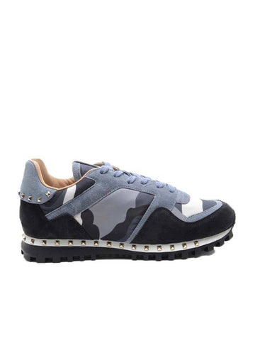 Men's Rockrunner Camouflage Suede Low Top Sneakers Black - VALENTINO - BALAAN 1