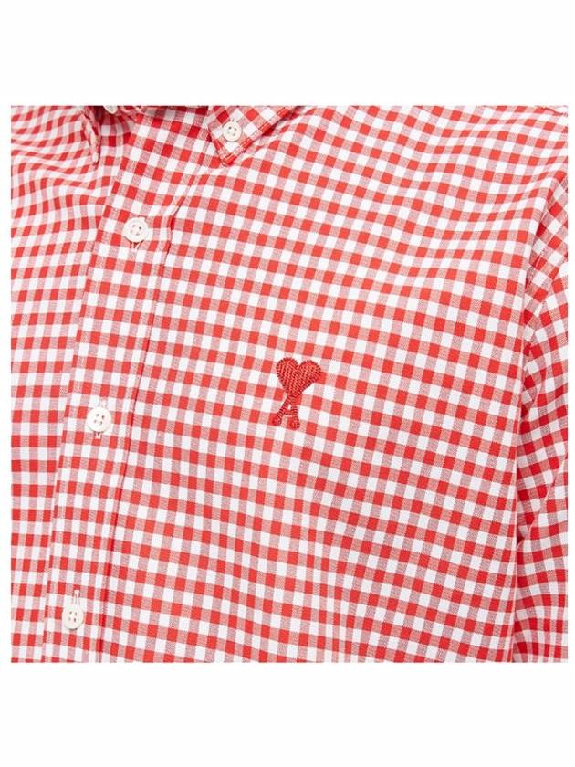 Small Heart Logo Gingham Button Long Sleeves Shirt Red - AMI - BALAAN 5