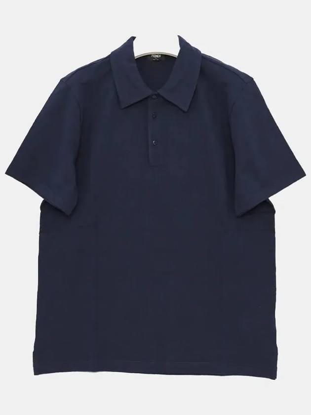 Men's Button Detail Short Sleeve Jacquard Polo Shirt Navy - FENDI - BALAAN 3